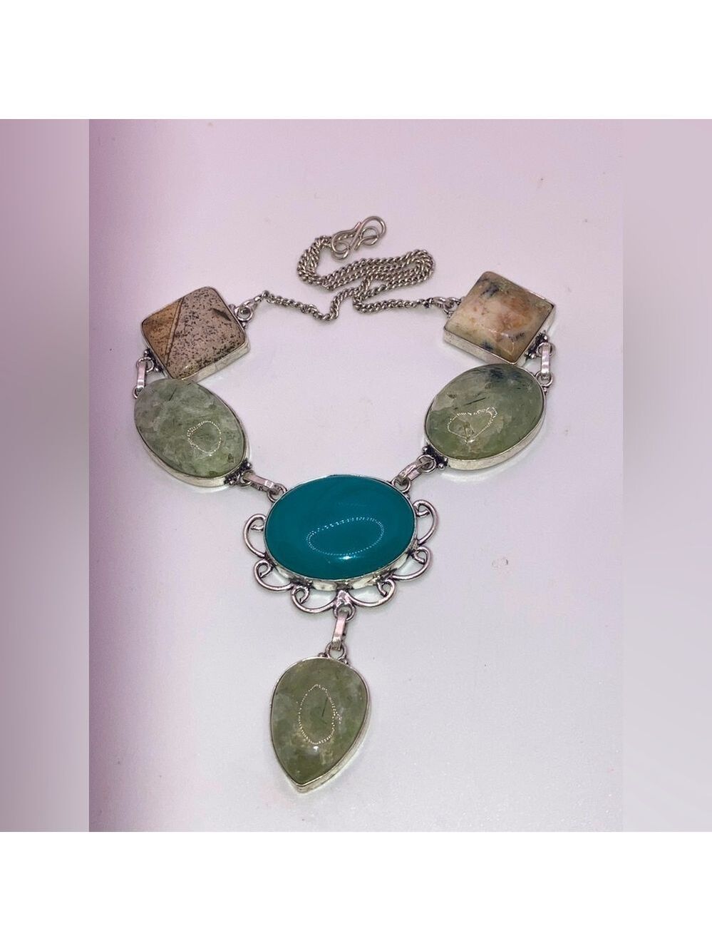 Vtg Rutilated & Lodolite Quartz Faux Turquoise Silver Tone Necklace 14” + 2.5”